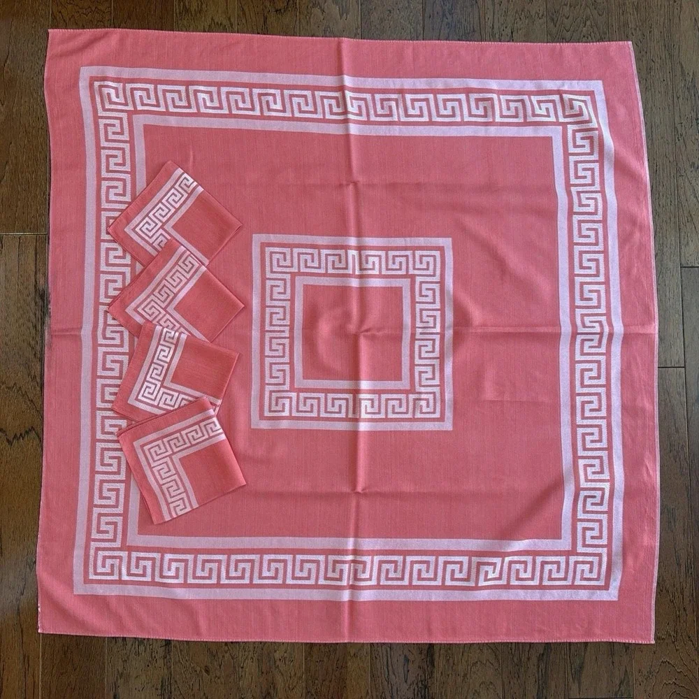 Greek Key Coral Salmon Square Tablecloth and Napkins 48